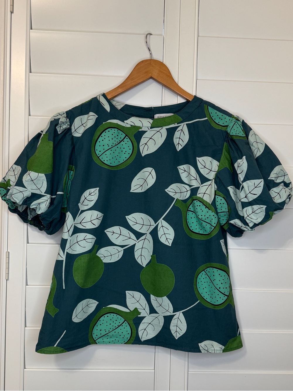 Olivia James the Label green botanical print puff sleeve top